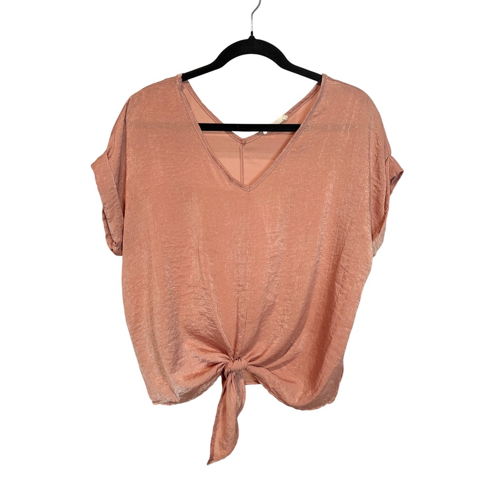 Wasabi + Mint Pink Textured Front Tie V-Neck Blouse Small